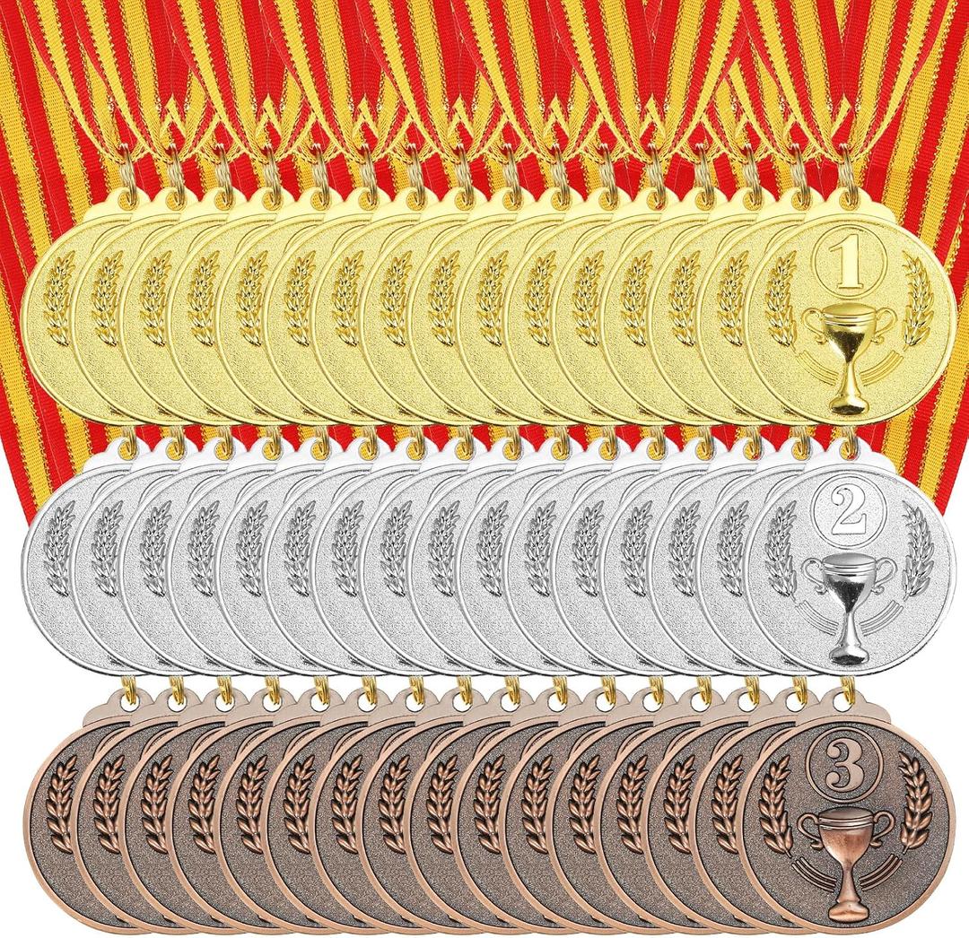 MECCANIXITY Award Medals 2 Inch, Gold Silver Bronze Prizes Metal Winner Medals 1st 2ed 3rd Place with Neck Ribbon Trophy Pattern for Sports Party Favors 48 Pieces