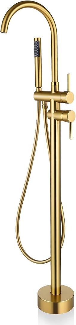 Freestanding Bathtub Faucet Floor Mount Free Standing Faucet Tub Filler Brass Bathroom Tub Faucets Swivel Gooseneck Spout with Hand Shower Mixer Taps Brushed Gold
