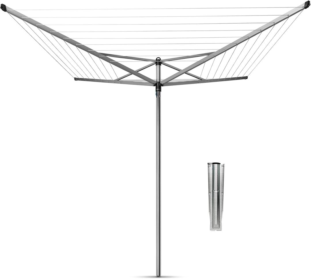 Brabantia Topspinner Outdoor 4 Arm Spinning Clothesline (164 ft/ 1.8") Rotating, Folding Clothes Drying Rack + Ground Spike (Gray)