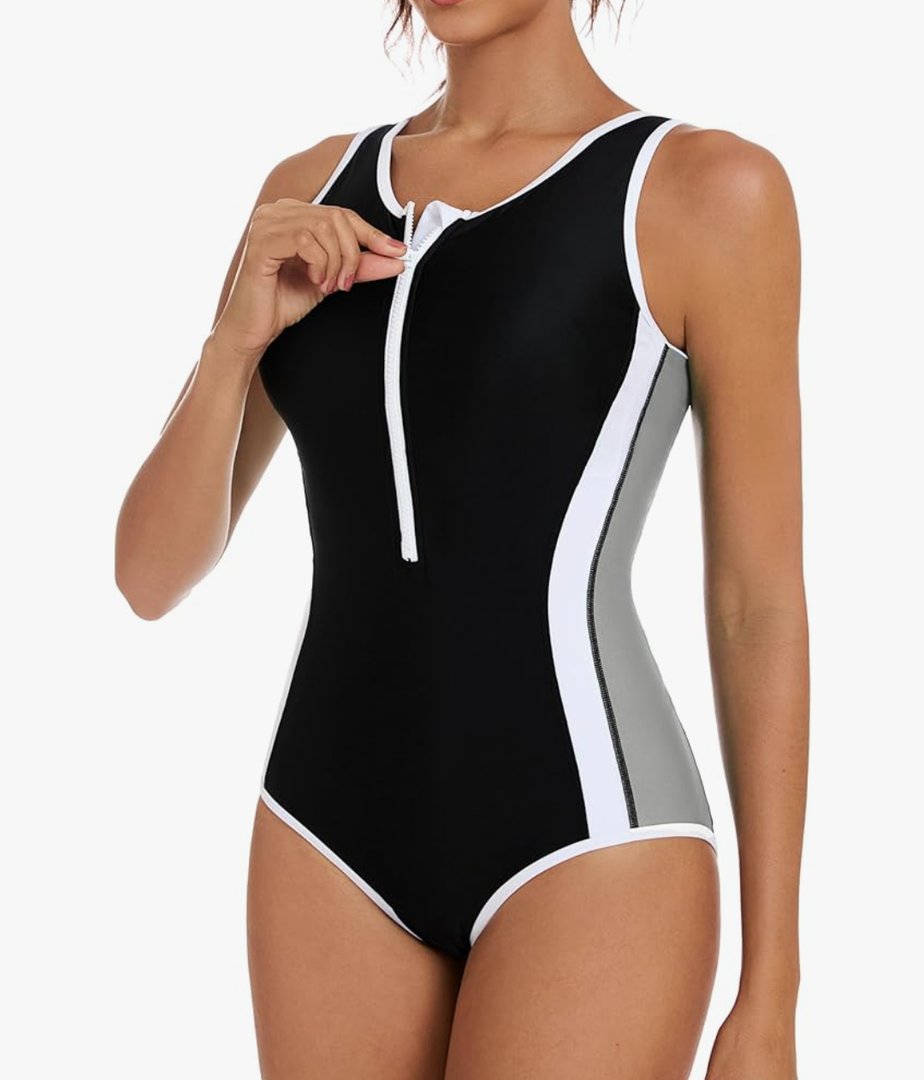 ATTRACO Athletic Swimsuit Women One Piece Bathing Suit Zipper Front Lap Swimwear for Women.L
