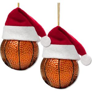 Set Of 2 Basketball Ornament for Christmas Tree, Glass Basketball Christmas Ornaments in Santa Hat, Xmas Hanging Decor Tradition Blown Glass Keepsake Gifts