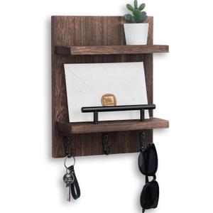 Key Holder Wall Mount, Mail Shelf Decor with 3 Key Hooks, Versatile Wood Wall Organizer for Entryway Hallway (8.2 x 10.6x 3.6) (Brown)