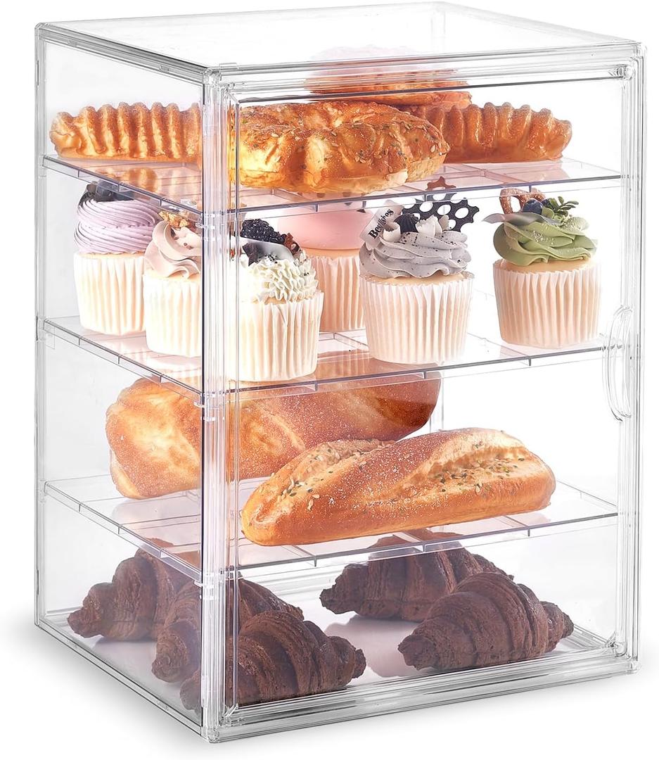Pastry Display Case, Large Bread Box for Kitchen Countertop, 4 Layers Adjustable Bakery Display Case, Clear Breadbox for Baked Goods Cookie Dessert Cupcake Kitchen Counter 15.5x11.4x9.9 Inch