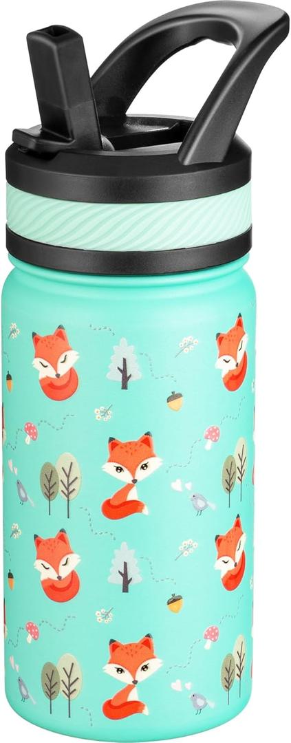 Fanhaw 14 Oz Kids Insulated Water Bottle with Straw - Stainless Steel Double Wall Vacuum Cup, Leakproof, BPA Free, Suitable for Boys and Girls(Green - Little Fox)
