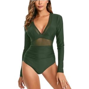 NESY Women's Long Sleeve Rash Guard Swimsuits One Piece Bathing Suit UV Protection Surfing Suit Zipper Printed Swimwear Large