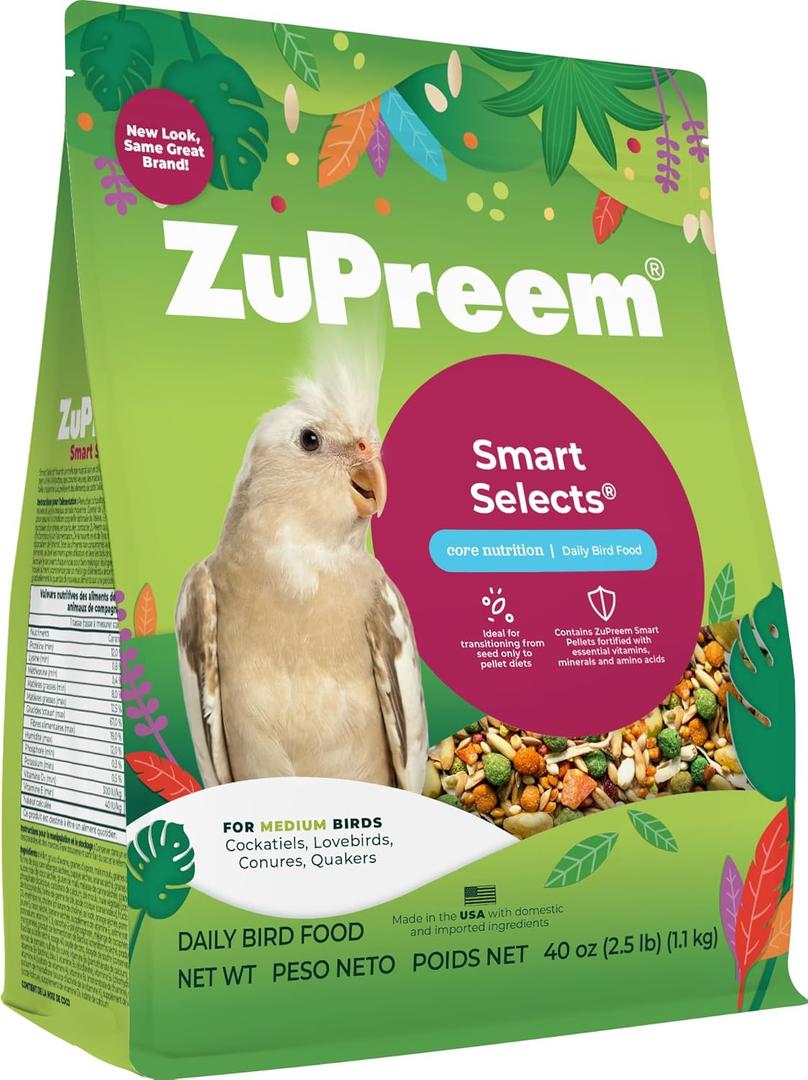ZuPreem Smart Selects Pellets & Seed Blend, Daily Food for Cockatiel, Lovebird, Quaker, Conure, Lorikeet, Core Nutrition Food for Medium Birds, Essential Vitamins, Conure Feed (M, 2.5 lbs) (2.5 Pound (Pack of 1))