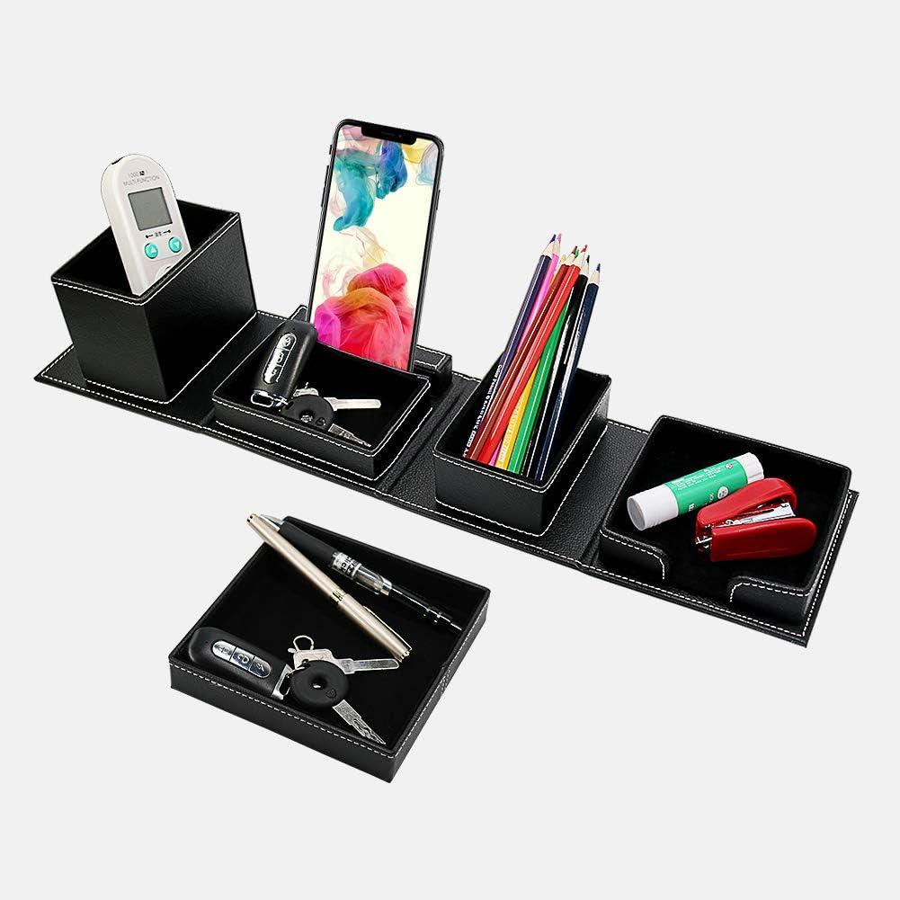 Leather Desk Organizer Office Supplies Multi-functional Stationery Storage with Pen Pencil Holder Phone Stand Sticky Note Tray Paperclip Storage Caddy Desktop Organization (Black, 20.2"x 4.8"x3.5")