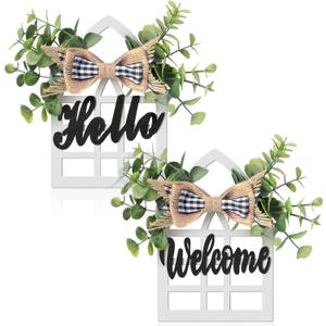 2 Pieces Farmhouse Window Tiered Tray Decorations Cathedral Arch Window Sign Wood Hello Welcome Sign Decor Farmhouse Home Supplies for Tiered Tray Shelf Table Counter