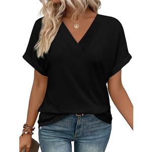 WIHOLL Womens Summer Tops Short Dolman Sleeve Shirts 2025 Fashion V Neck Outfits Clothes, Black, L