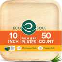 ECO SOUL Palm Leaf Disposable Bamboo Plates 10" Square Compostable & Biodegradable Party Plates for Thanksgiving Dinner, Weddings, Parties & Events 50 Count