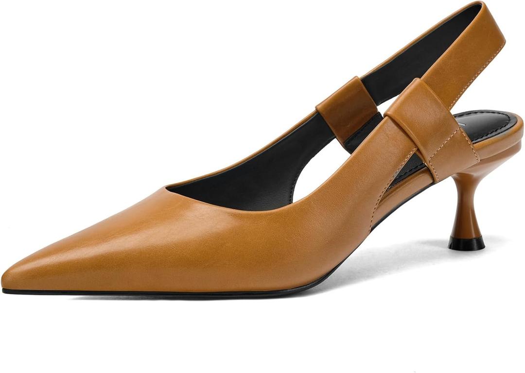 Pointed Toe Slingback Kitten Heels for Women, Leather Stiletto Heel Pumps with Elastic Strap Elegant Bridal Heel Dating Party Work Office Backless Pumps Shoes (7, Brown)