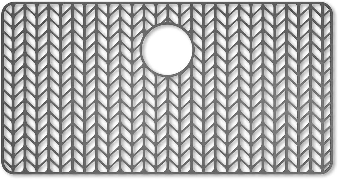 AWOKE Large Silicone Sink Protectors for Kitchen Sink, 30" x 16" Rear Drain Hole, Sink Mat for Bottom of Farmhouse Kitchen Stainless Steel Sinks, Raised Feet/Heat Resistant/Non-slip (Gray)