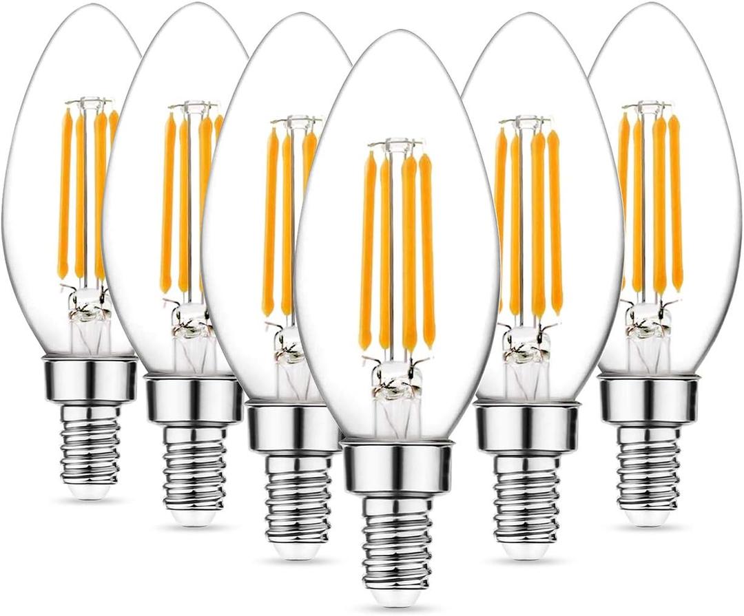 B11 E12 Base Candelabra LED Light Bulb, Warm White 2700K, 6 Pcs, 60 Watt Equivalent, 5W 500lm, Vintage Decorative Candle Bulbs, Dimmable, Filament Clear Glass B11 E12 Base Candelabra LED Light Bulb, Warm White 2700K, 6 Pcs, 60 Watt Equivalent, 5W 500lm, Vintage Decorative Candle Bulbs, Dimmable, Filament Clear Glass