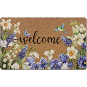 Spring Floral Hummingbird Door Mat, Spring Butterfly Flower Welcome Front Door Mat Indoor Outdoor Entrance, Floral Artificial Coir Doormats Rugs for Porch Entryway Decor 30x17in