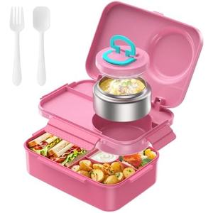 DaCool Kids Bento Box with Thermo for Hot Food Leakproof 1500ml Lunchbox for Kids with 5oz Small Thermo for Girls with Fork Spoon for Dining Out Work School, Pink