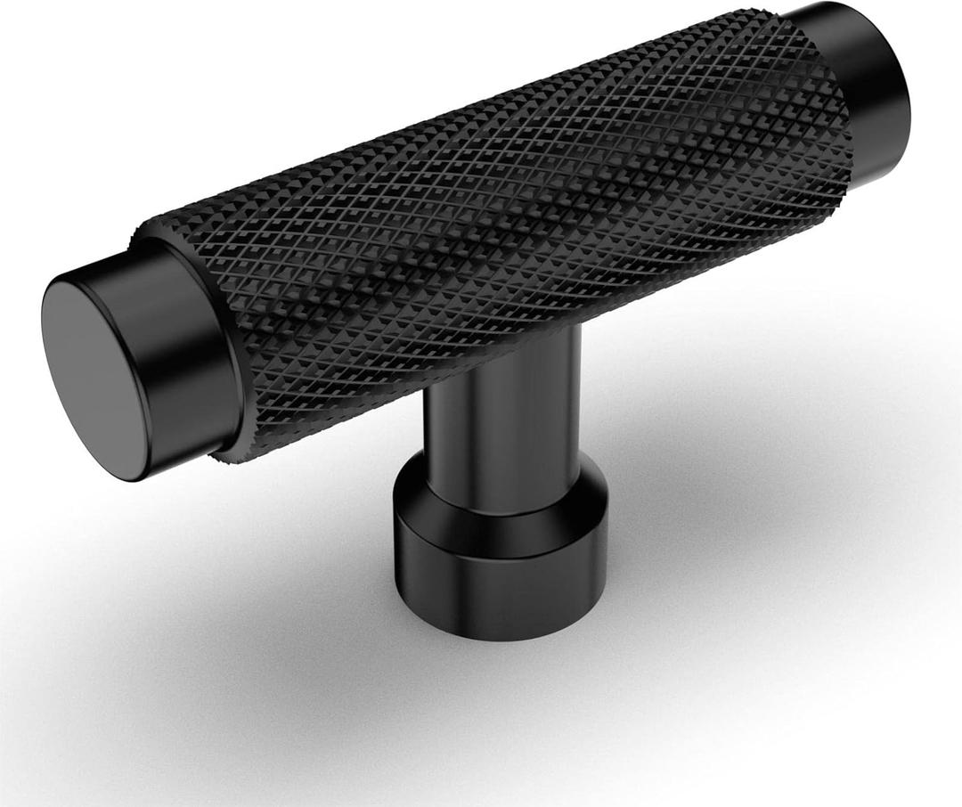 Amerdeco 10 Pack Matte Black Cabinet Knobs 2 Inch Length Single Hole T Bar Kitchen Cabinet Knob Knurled Cabinet Pulls for Drawer Dresser Cupboard ZH0034