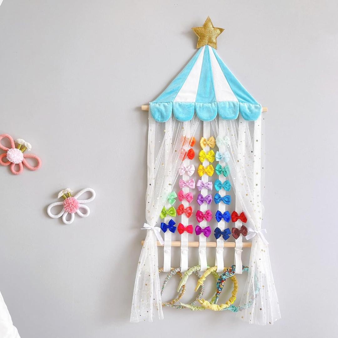 Hair Bow Organizer, Gold Star Canopy Design, White Tulle Curtain Display, Wall Mounted Storage for Baby Girls Headbands, Pink and Cream Scalloped Top (Blue)