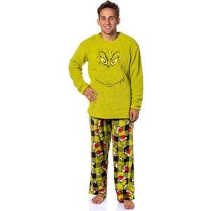 Dr. Seuss GRINCH Santa Plaid Plush Fleece Pajama Sleep Set (Medium, Green)