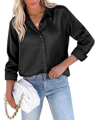 Siliteelon Button Down Shirts for Women Plus Size Satin Button Up Blouse Black Silk Blouses for Women Dressy Casual Fashion Clothing Business Top Date Party, L
