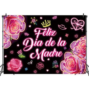 Neon Feliz Da de la Madre Backdrop Pink Flower Happy Mother's Day Photography Background Party Decoration Photo Booth (8x6ft)