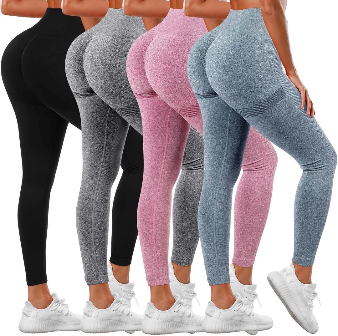 4 Pack Women Butt Lifting Workout Leggings, High Waist Seamless Gym Legging Yoga Scrunch Pants (Large, Dark Gray, Pink, Blue, Black)