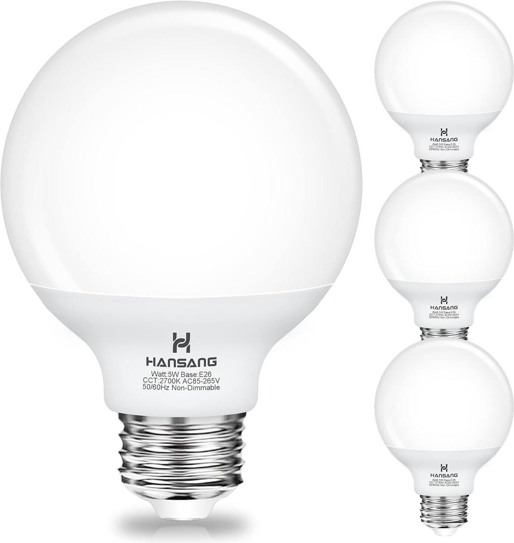 hansang G25 LED Globe Light Bulbs, Bathroom Vanity Light Bulbs E26 Base Warm White 2700K for Bedroom Makeup Mirror Lights, 60W Equivalent(5W), 500LM Non-dimmable,4Pack