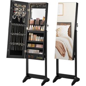 SONGMICS Mirror Jewelry Cabinet Standing Armoire Organizer, Jewelry Storage with Full-Length Frameless LED Lights, Built-in Makeup Mirror, 2 Drawers, Lockable, Black UJJC023B01