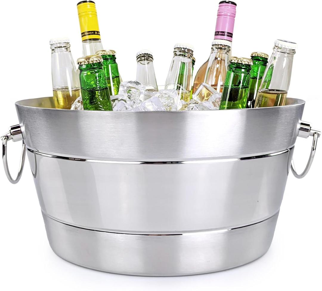 BREKX Stainless Steel Ice Bucket for Parties, Double Wall Insulated Anchored Brushed Drink Tub & Drink Coolers Bucket with Double Hinged Handles, Drink Chiller for Parties, 12QT (3 Gallon), 100% Leak Proof