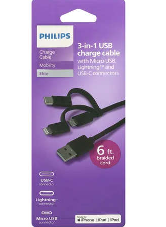 PHILIPS CHARGE 3 in 1 USB CABLE MOBILITY ELITE 6 ft
