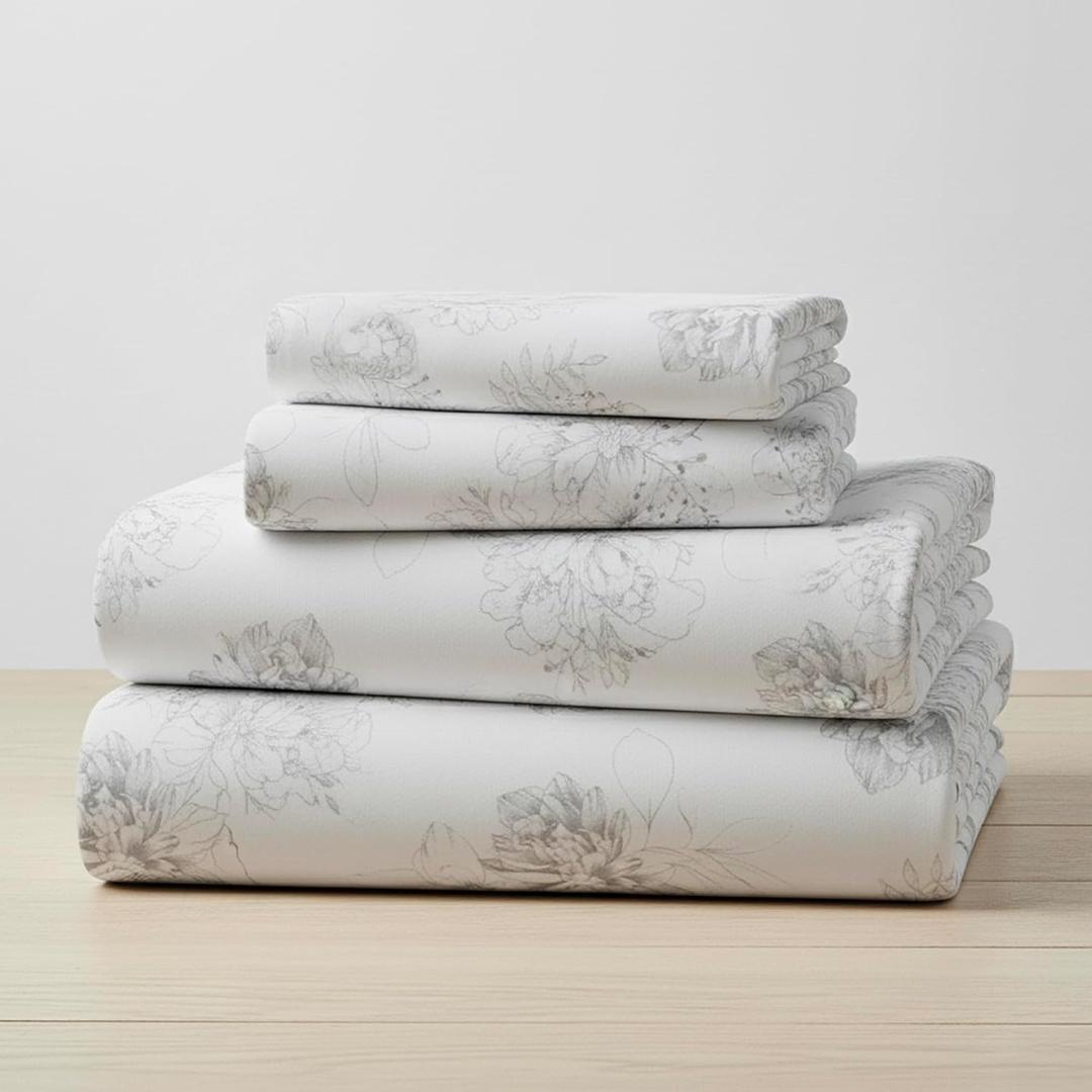 Mellanni Flannel Bed Sheet Set - 4 Piece Luxury 100% Heavyweight 180GSM Cotton - Cozy, Soft & Breathable - Deep Pockets with All-Around Elastic - Warm & Comfortable (Full, Floral Feathers)
