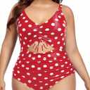 Daci Women Plus Size Cutout One Piece Swimsuits Tummy Control Bathing Suits V Neck Monokini Swimwear (Red and Dot) 18w