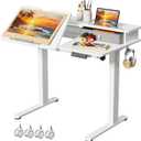 White Standing Desk60 Tiltable Height Adjustable Electric Rising Desk40Inch Foldable Mobile Laptop Table with Shelf,Monitor Stand, Drawer ,Flippable Drafting Workstation on Wheels for Kids Drawing