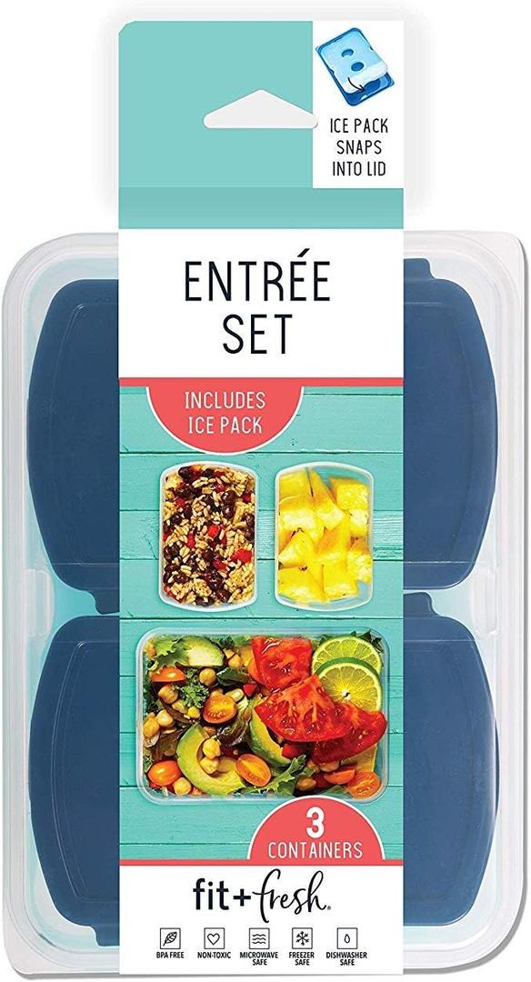 Fit & Fresh 216HL Entree Set with Ice Pack, 3 Reusable Portion Control Containers, BPA-Free, Microwave/Dishwasher Safe Lunch Box, Entre, Blue