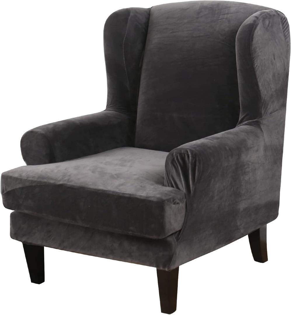 MIFXIN Wingback Chair Slipcover 2-Piece Velvet Stretch Wing Chair Slipcovers with Cushion Cover Washable Armchair Furniture Protector for Living Room Bedroom (Dark Grey)