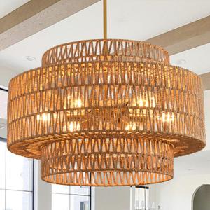 Boho Rattan Chandelier, 6-Light Dining Room Light Fixture,23.62" Wicker Pendant Lighting with3-Tier Woven Lampshade, Large Farmhouse Chandeliers for Kitchen