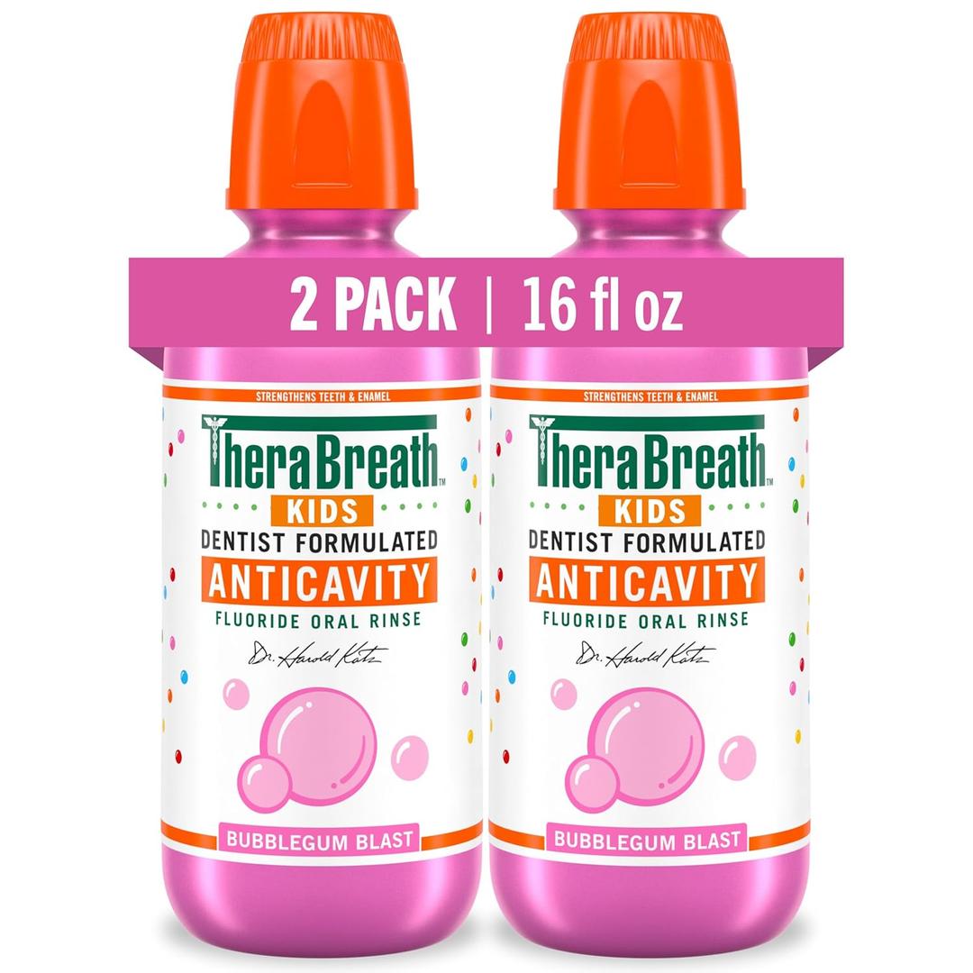 TheraBreath Kids Anticavity Fluoride Oral Rinse, Strengthens Teeth & Enamel, Alcohol Free & Dye Free, Certified Organic Bubblegum Blast Flavor, 16 Fl Oz, 2-Pack
