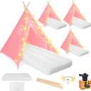 Sleepover Tents for Kids Party, 4-Set Teepee Tent for Kids Slumber Party Tents with Inflatable Airbed, Light String, Washable Tent Natural Cotton Toddler Play Bed Tent for Boys Girls (Pink) (air Pump Included)