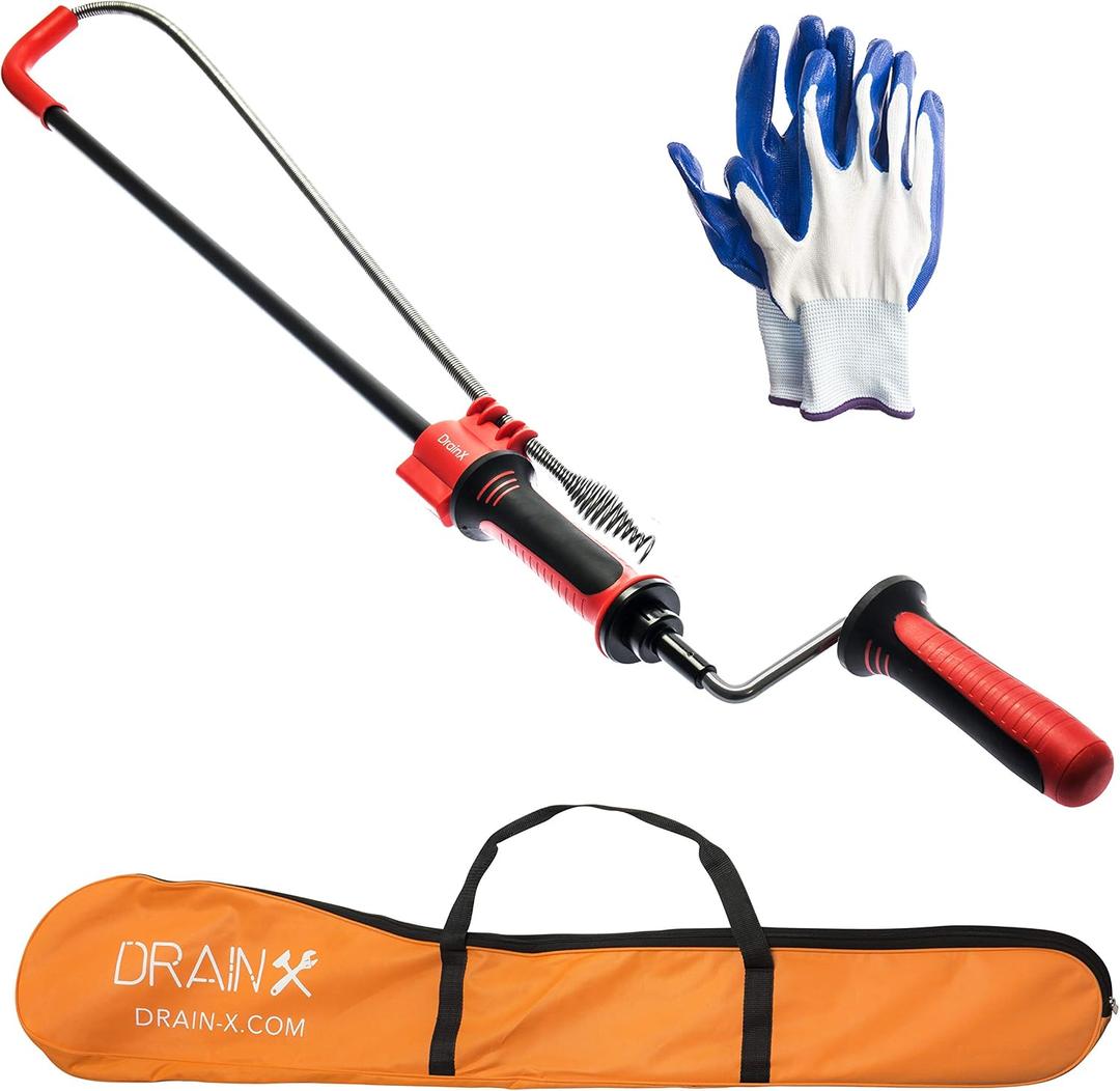 DrainX Toilet Auger Drain Plumbing Snake | Use with Drill or Manually, Angle Designed for Toilet Clogs, Plastic Guard for Porcelain Protection, Bulb-Head