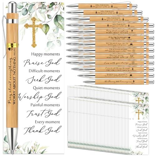 Chivertion 50 Sets Christian Religious Gifts Bulk Bible Verse Gifts Bamboo Pens and Christian Bookmarks Religious Inspirational Church Biblical Supplies for Men Priest