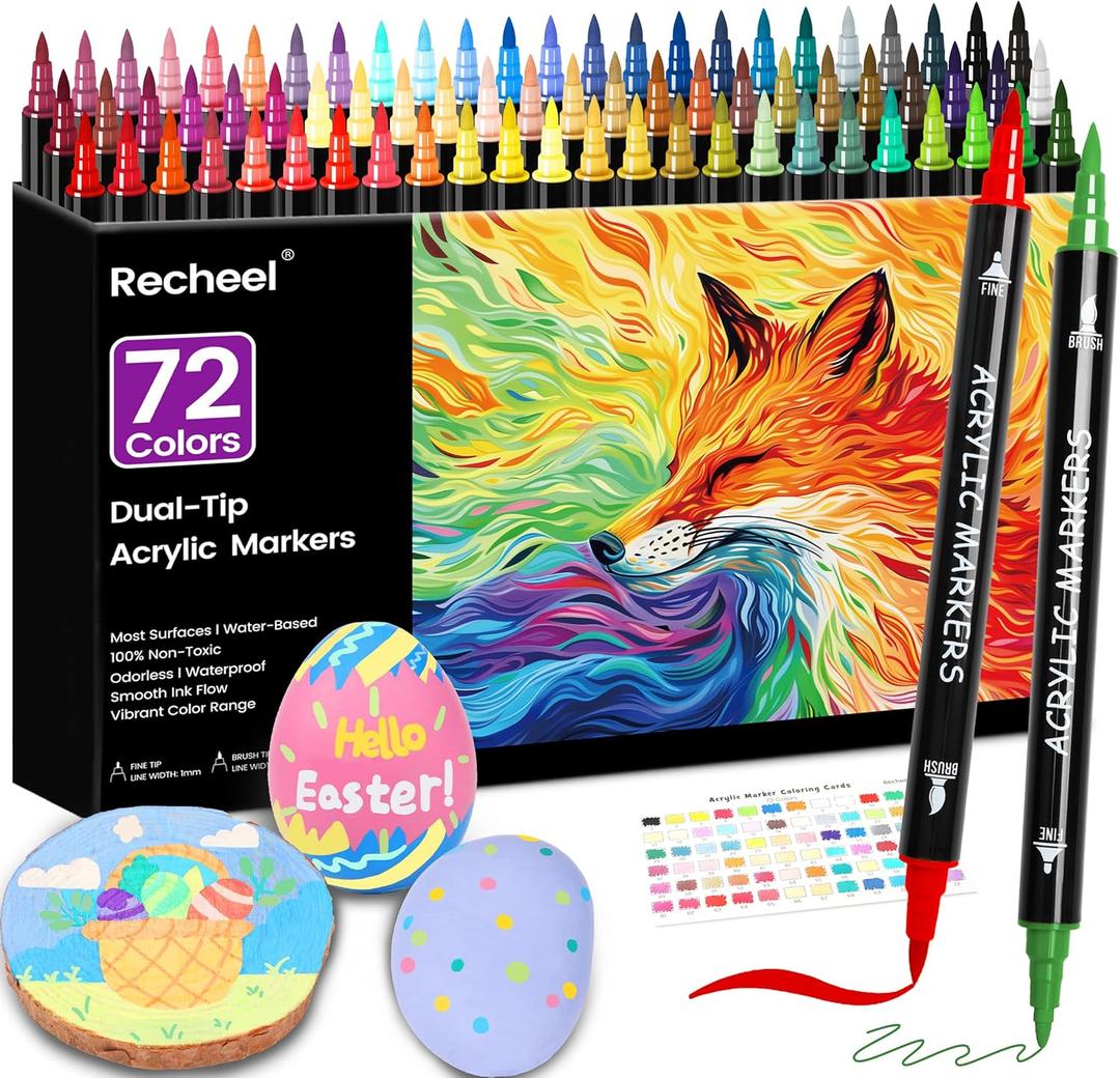 72 Colors Acrylic Paint Markers, Dual Tip with Fine Tip and Brush Tip Pens for Stone, Wood, Canvas, Glass, Ceramic, Metal, Rock, Fabric, DIY Art Projects