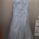 WOWBRIDAL Women's Blue Lace Symmetrical Peplum Long Prom Dress (Size: Medium)