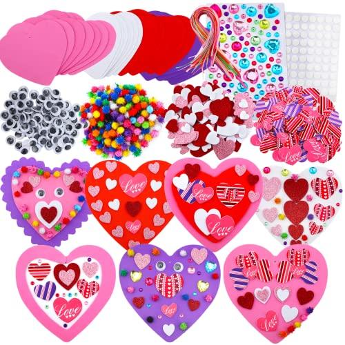 JULBEAR 700 Pcs Valentine's Day Foam Heart Ornaments Craft DIY Kit with Foam Hearts Self-Adhesive Stickers Glitter Pom-poms Wiggle Googly Eyes Satin Cords for Kids Valentine Decoration Craft Supplies
