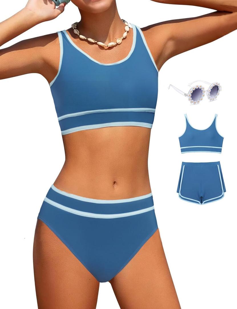 Girls Swimsuits 3 Piece Bathing Suit Bikini Set with Sporty Shorts and Sunglasses Beach Swimwear for Girl, 12-13 Years (Dark Blue)