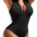 Popilush Tummy Control One Piece Swimsuits for Women Shapewear Athletic Zip Up Swimwear Slimming Bathing Suit Padded Outfits M