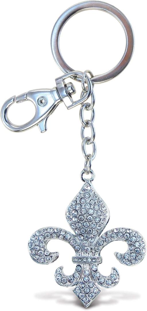 Aqua79 Fleur De Lis Keychain - Silver 3D Sparkling Charm Rhinestones Fashionable Stylish Metal Alloy Durable Key Ring Bling Crystal Jewelry Accessory with Clasp