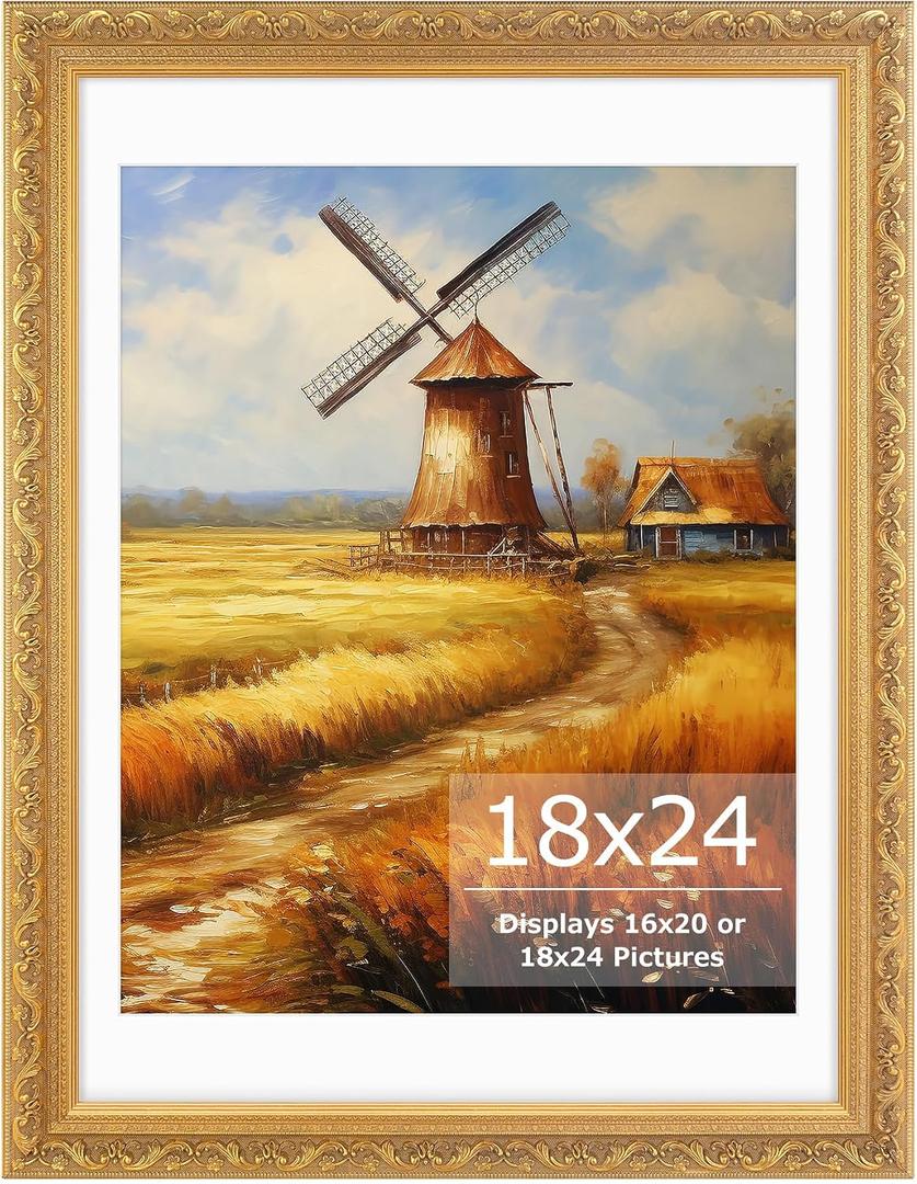 18x24 Picture Frame with White Mat, Ornate Vintage Gold Finish