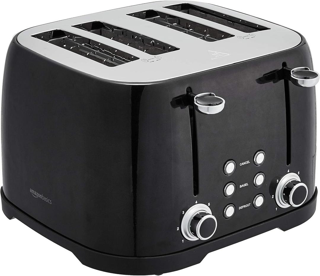 Amazon Basics 4 Slice Toaster with 4 Slots, 6 Browning Settings, Defrost, Removable Crumb Tray, Bagel Function, Cancel Button, 1600W, Black