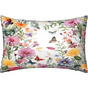 Spring Flower Butterfly Satin Pillowcase with Zipper Queen Size Pillow Cover 20"x30" Silk Pillow Case for Hair and Skin Cooling Pillowcase