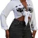 LovelyWholesale Women Tie Front Tops Graphic Crop Sexy Long Sleeve Deep V Neck Shirt White R Small (White, S)