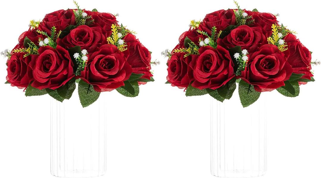 NUPTIO Flower Wedding Centrepieces for Tables - 2 Pcs 9.5in Diameter Crimson Artificial Flowers Rose Ball for Centerpieces Table - Fake Rose Arrangements for Weddings Birthday Party Decor